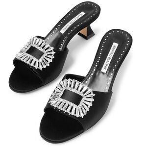 $1000 MANOLO BLAHNIK
Laalita 50 black satin mules size 35